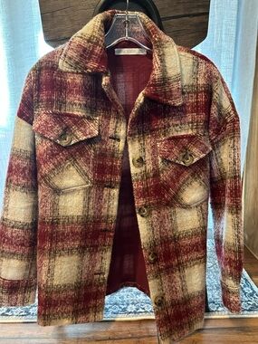 Plaid Button-Front Shacket in Burgundy and Cream